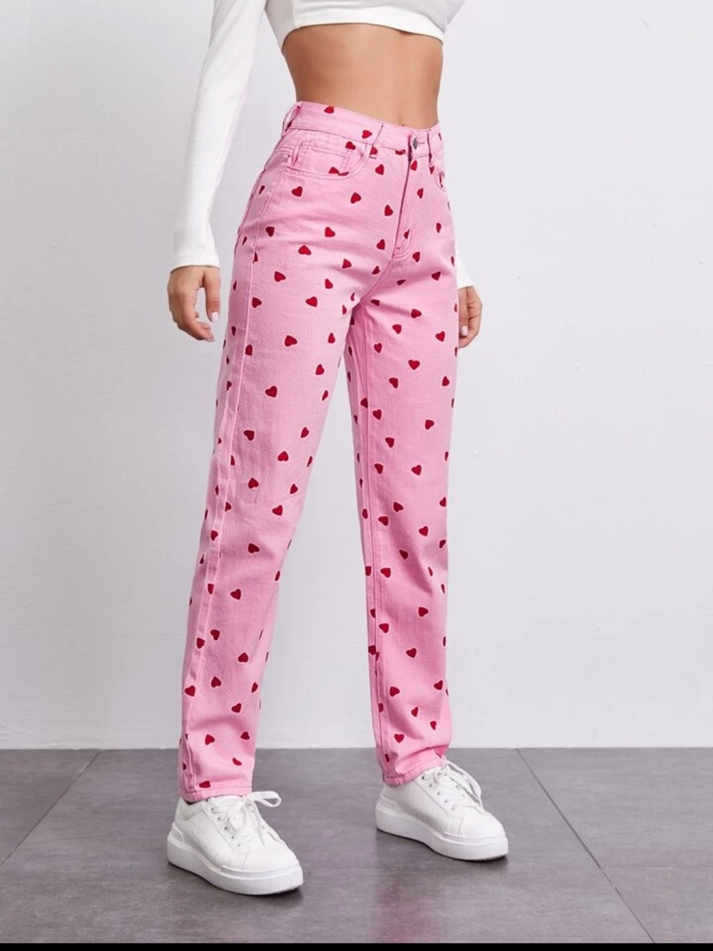 SHEIN | High Waist Straight Denim Jeans Pink Red Heart Print - Picture 6 of 10